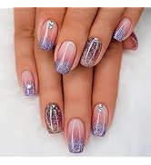 Coffin Press on Nails Medium Purple Red French Tip Fake Nails with Design Full Cover Glitter Rhin...