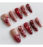 24Pcs Red French Tip Press on Nails Medium Almond Fake Nails Dark Red Heart with Rhinestones Glue...