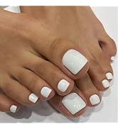 Solid Color White Press on Toenails for Women, Glossy Fake Toenail Press ons Short Square Acrylic...