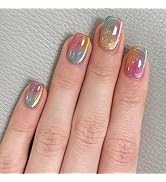 Cat Eyes Press on Nails Medium Square Fake Nails with Green Pink Orange Gradient Designs Glossy G...
