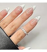 White French Pearl Press Nails Almond French Nude Cute Pearl Glossy Design Women Girls Nail Art D...