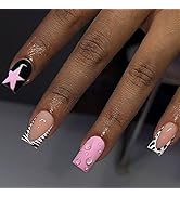 Short Press on Nails Square Fake Nails French Tip False Nails Pink Star Acrylic Nails with Cow Pa...