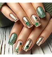 24 Pcs St. Patrick's Press on Nails Medium Square Shamrocks Green Gold Flash Fake Nails Lucky Clo...