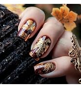 24Pcs 3D Maple Leaf Press on Nails Thanksgiving Press ons Fingernails Glossy Gold Glitter Medium ...