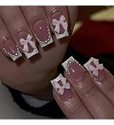 Short Press on Nails Square Fake Nails White French Tip False Nails Pink Acrylic Nails Press ons ...