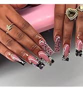 Long Press on Nails Square French Tip Fake Nails with Black 3D Bow Rhinestone Design Glue on Nail...
