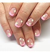 Pink French Tip Press on Nails Short Square Fake Nails Yellow Daisy Flower False Nails with Frenc...