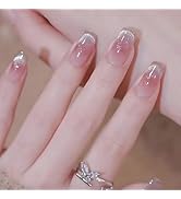Blush Sparkling Press on Nails Pink Medium Square Fake Nails Stick on Nails Pink Gradient with Gl...