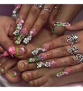 48 Pcs Pink Press on Nails Long Square & Press on Toenails Set - YEFIUO Green French Fake Nails P...