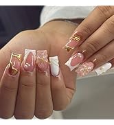 Medium Coffin Press on Nails with 3D Flower Gold lines Nails Press ons Glossy Glue on Nails Pink ...