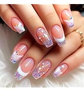 24Pcs French Tips Press on Nails Glossy Purple Glitter Medium Coffin False Nail Rhinestones Acryl...