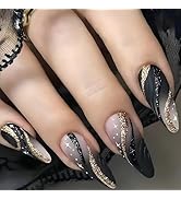 24pcs Black Gold Wire Almond Press Nails Medium Length Gold Foil Glitter Full Cover False Nail De...