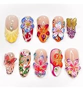 24Pcs Colorful Flower Press on Nails Medium Almond Handmade Fake Nails with 3D Butterfly Rhinesto...
