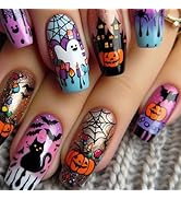 Halloween Coffin Press on Nails Medium Fake Nails with Design Colorful Glitter Glue on False Nail...