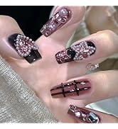 Black Press on Nails Coffin Medium Fake Nails with 3D Star Rhinestones Pearl Charms Designs Purpl...