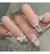 Medium Press on Nails Coffin Fake Nails with 3D Butterfly Rhinestones Charms Designs Glitter Nail...