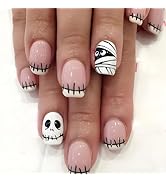 Halloween Press on Nails Short Square Fake Nails White French Tip Nails Press ons Glossy Glue on ...