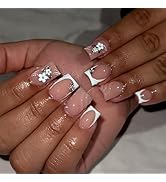 24Pcs French Tip Press on Nails Short Square Fake Nails Reusable False Nails Kit Square Nails wit...