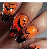 Halloween Press on Nails Medium Coffin Fake Nails with Bat Designs Orange Gradient Nails Press on...