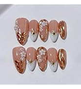 10 Pcs Handmade Flower Press on Nails Medium Almond Fake Nails White French Tip False Nails with ...