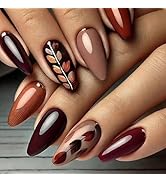 MISUD Press on Nails - Medium Almond Fake Nails with Fall Brown, Acrylic Autumn Leaf Design 24 pcs