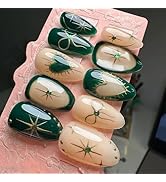 Short Oval Shape Press on Nails Vintage Green Fake Nails with Blue Rhinestone Charm Glue on Nails...