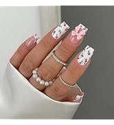 French Flowers Press on Nails Medium Square Fake Nails with Bow Rhinestones Design False Nails Gl...