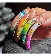 24Pcs Extra Long Curved Press on Nails Square Curved Fake Nails with Leopard Flower Rhinestone De...