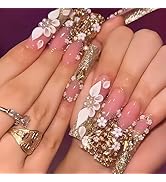 Cute Press on Nails Long Square Fake Nails with 3D Flower Rhinestones Designs Glitter French Tip ...