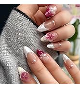 24Pcs Red Flower Press on Nails Medium Almond Fake Nails White French Tip False Nails with Pearl ...