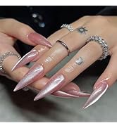 Almond Press on Nails Long Fake Nails Pink False Nails with Design Glitter Glue on Nails Glossy A...