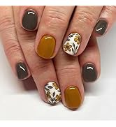 Fall Press on Nails Short Square Fake Nails with Flower Leaves Designs Yellow Nails Press ons Gre...