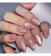 Short Almond Press on Nails Cat Eye Fake Nails Nude False Nails with Design Glitter Pink Glue on ...