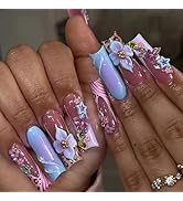 Long Press on Nails French Tip Fake Nails Square False Nails with 3D Floral Butterfly Design Glue...