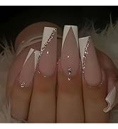 White French Tip Press on Nails Long Ballet Fake Nails with Glossy Flat Bottom Colored Diamond Fa...
