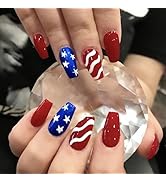 4th of July Coffin Press on Nails Medium Length Fake Nails with Independence Day Red Blue White S...