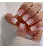 Ombre Pink Press on Nails Short Square, Short Fake Nails Glue on Short Square Nails Press ons, So...