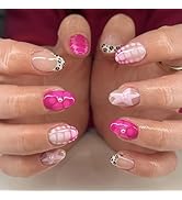 24Pcs Fall Almond Press on Nails Short Fake Nails with with Flower Pearl Design Leopard French Ti...