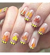 Maple Leaf Press on Nails Fall Leaves Gel Glue on Acrylic Fake Nails 24Pcs Thanksgiving Press ons...