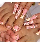 48 Pcs Pink Press on Nails Long Square & Press on Toenails Set - YEFIUO Yellow French Fake Nails ...