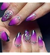 Almond Press on Nails Medium Fake Nails with Designs Black French Tip Acrylic Nails Glue on Purpl...
