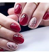 24PCS Wine Red Press on Nails Short Square Fake Nails Glitter Gold Leaves Designs Glue on Nails W...