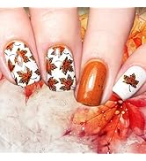 24Pcs Maple Leaf Press on Nails Fall Leaves Stick on Nail Glossy Orange Gradient Medium Square Fa...