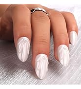 Pearl White 3D Short Press On Nails Almond Glossy Acrylic Fake Nails with Shimmer Pink Sheen & Pe...