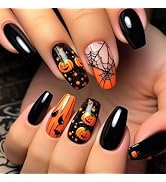 Halloween Coffin Press on Nails Medium Fake Nails with Design Black Acrylic Nails Cute Pumpkin Sp...