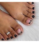 24 Pcs Black Press on Toenails Short Square Fake Nails with French Tip Line Pattern Design Summer...