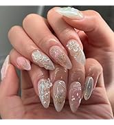 3D Flower Press On Nails Almond Shape – Medium Length Glossy Nude Pink Fake Nails with Pearls & G...