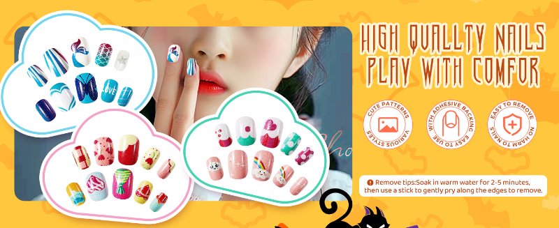 Decorative nail art display showing multiple sets of artificial nails with varied designs and patterns, alongside quality assurance icons.