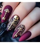 Halloween Medium Press on Nails Almond Fake Nails with Design Gold Skull Key Full Cover False Nai...