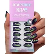 BTArtbox Press On Nails Short - Witch's Emerald, Sparkle Cat Eye Blue Almond Halloween Press On N...